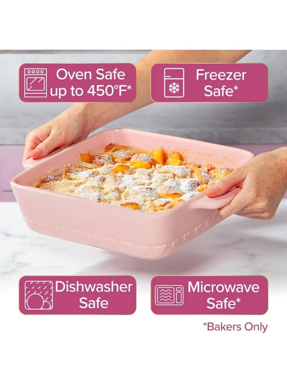 Chic 3-Piece Ceramic Bakeware Set - Square & Heart Bakers, Spoon Rest, Pink